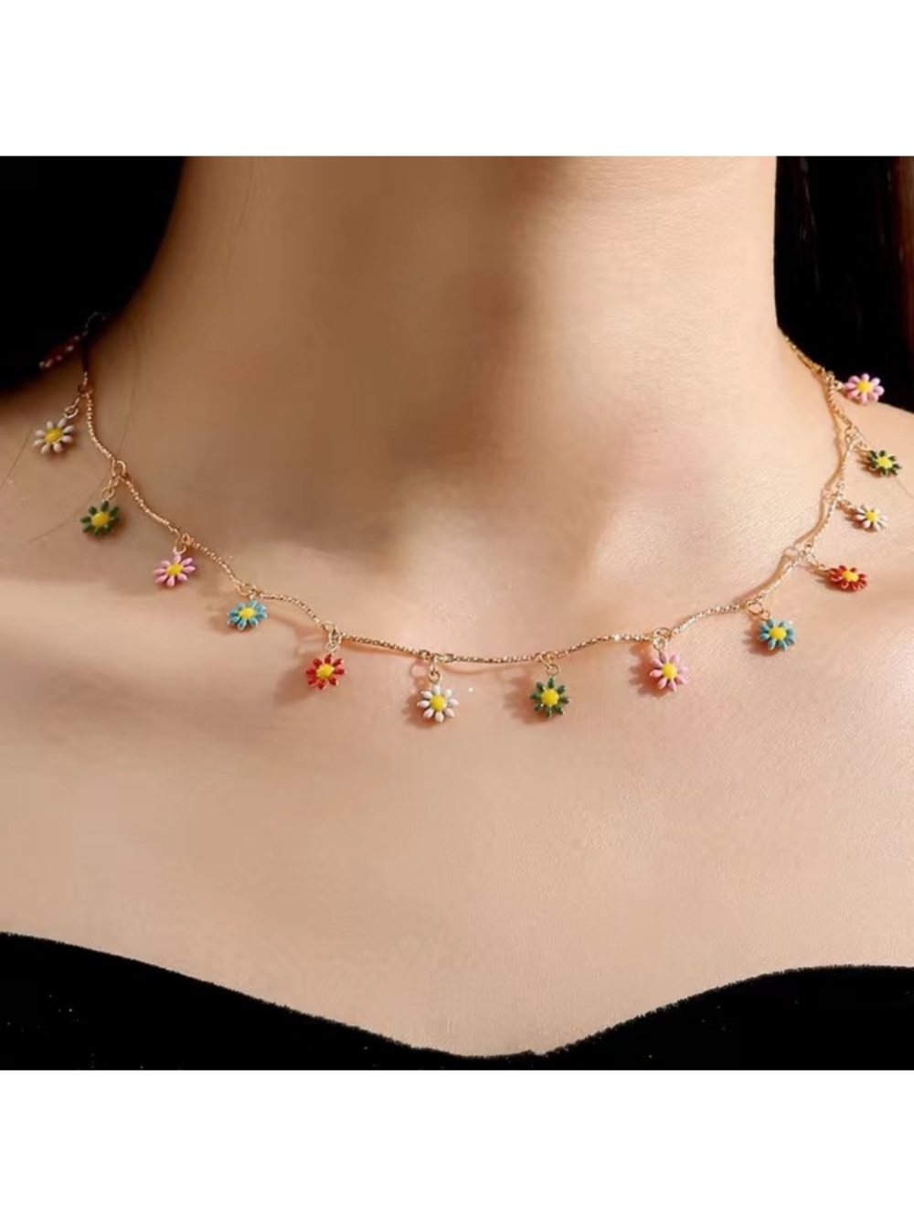 Multi Color Flower Daisy Gold Toned Necklace
